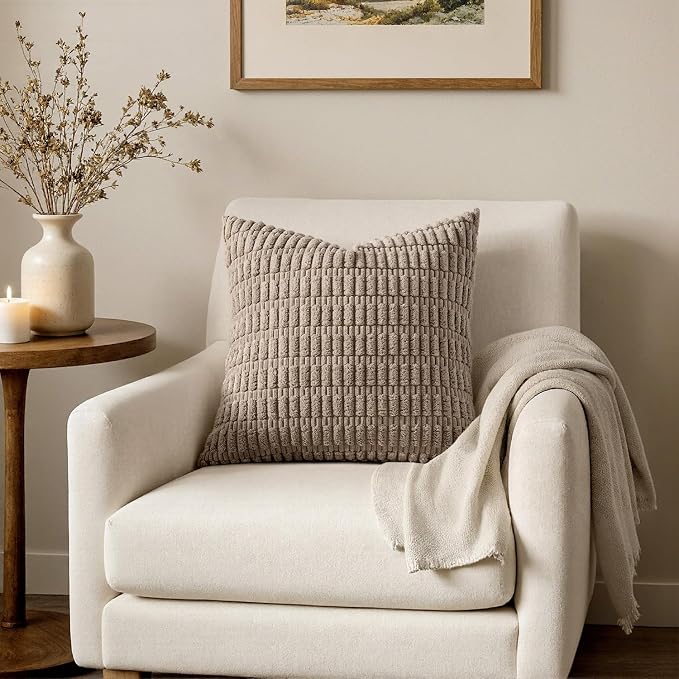 MIULEE Pack of 2 Corduroy Decorative Euro Sham Throw Pillow Covers 26x26 Inch Soft Boho Striped Pillow Covers Modern Farmhouse Home Decor for Sofa Living Room Couch Bed Light Brown