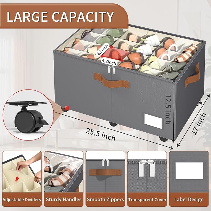 Foyego Shoe Organizer for Closet, Shoe Storage Organizer with Wheels and Adjustable Dividers, Stackable Shoe Storage Box with Clear Cover, Foldable Closet Shoe Organizer Fits up to 24-48 Pairs, Gray