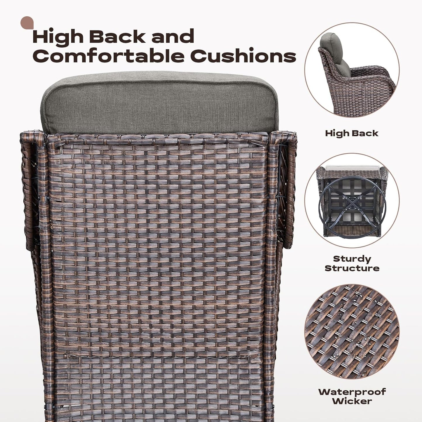 Wicker Outdoor Patio Furniture Set - 5 Piece Patio Conversation Sets with Swivel Rocker Chairs, Ottomans and Sofa, 6 inch Cushions, Waterproof Wicker, for Porch Deck Brown/Grey