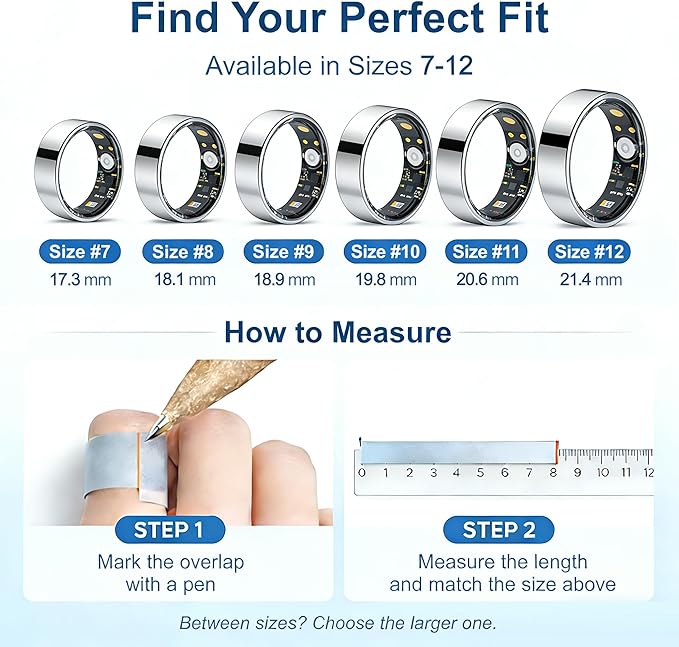 Smart Ring for Women Men,Sleep Tracking Wearable,Fitness Tracker Ring with Step/Heart Rate/Blood Oxygen/Distance/Calorie,Clock Vibration,No Subscription Fee,5ATM Water (Silver, 13)