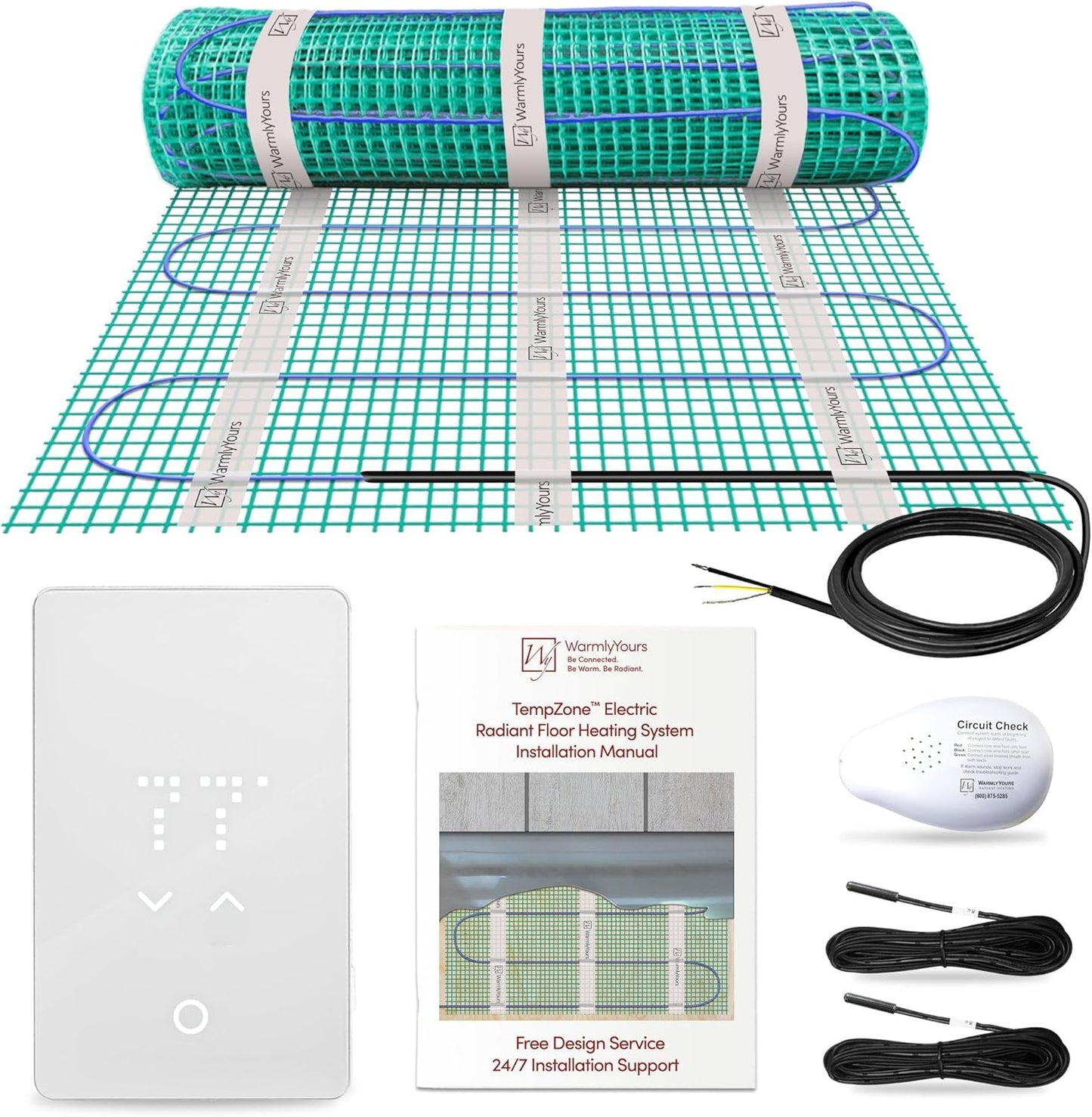 18 Sqft Heated Floor Mat Kit with Radiant Floor Heating System Thermostat UTN5, Two Sensors, Tester, 120V Electric Radiant Floor Heating Mat installs under Bathroom Tile, Vinyl - WarmlyYours TempZone