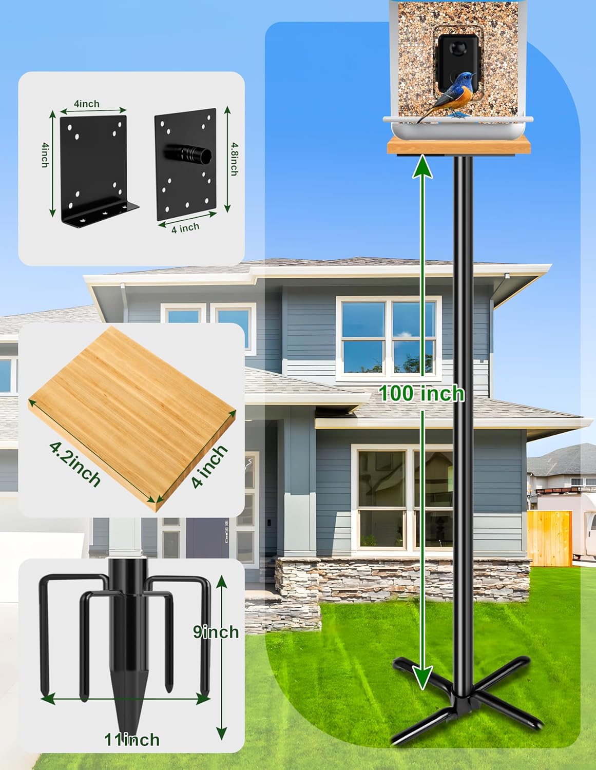 XDW-GIFTS Bird House Pole, 1 Pack 109 Inch Metal Bird Feeder Pole for Outdoor, with 5-Prong Heavy Duty Base for Birdhouse Mounting, Weather Station