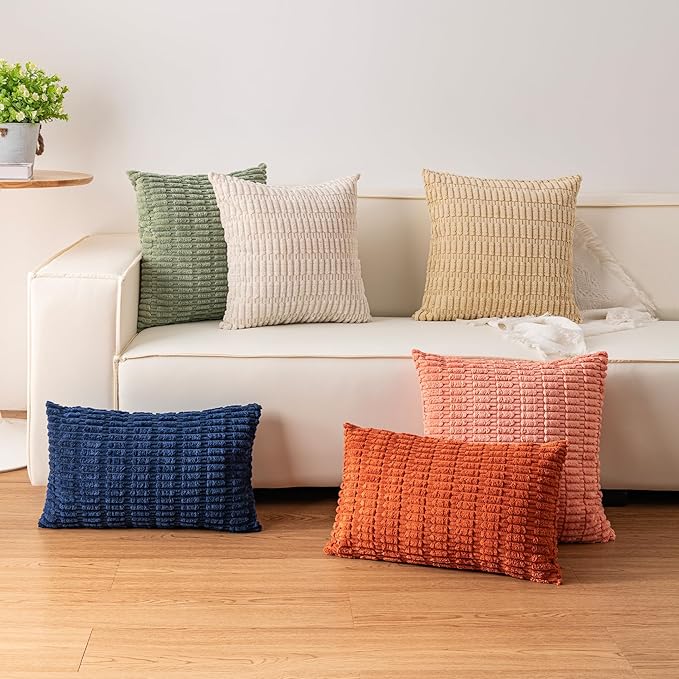 Aegero Pack of 2 Corduroy Decorative Throw Pillow Covers 18x18 InchSoft Boho Striped Pillow Covers Modern Farmhouse Home Decor for Sofa Living Room Couch Bed（White）