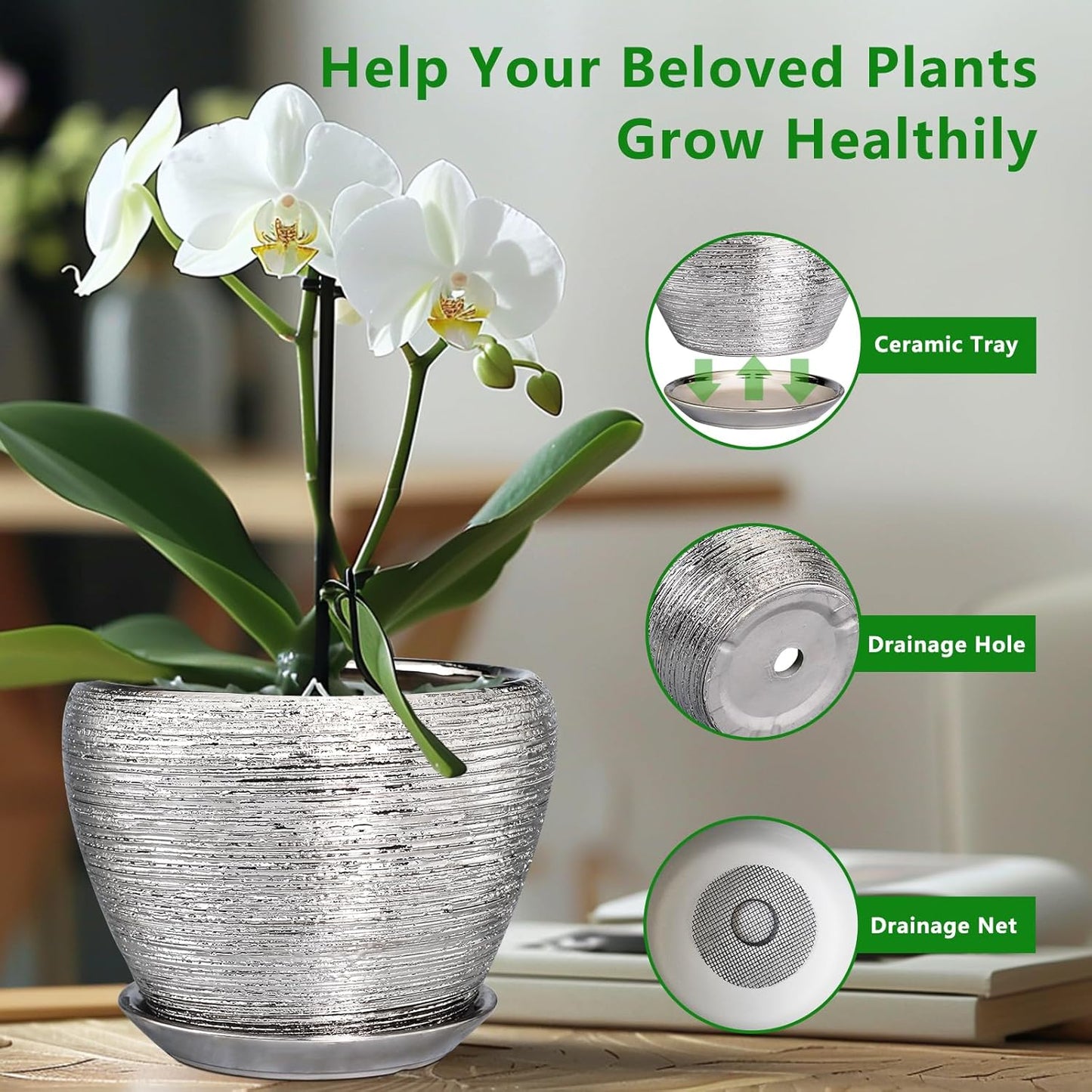 Flower Pot - 10 Inch Planter with Drainage Hole and Saucer - Indoor/Outdoor Decorative Mid-Century Planter - Silver