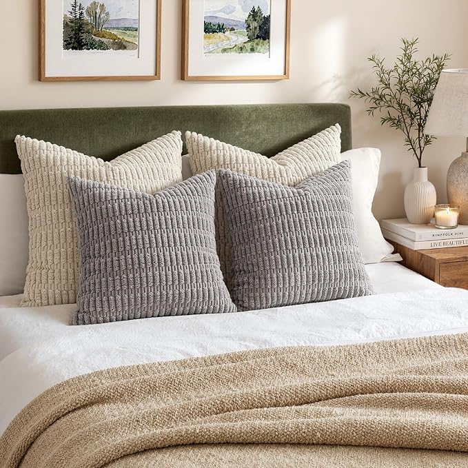 MIULEE Pack of 2 Corduroy Decorative Throw Pillow Covers 18x18 Inch Soft Boho Striped Pillow Covers Modern Farmhouse Home Decor for Sofa Living Room Couch Bed Light Grey