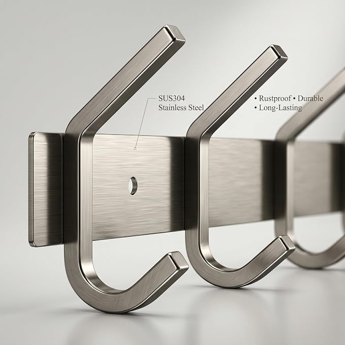 Coat Rack Wall Mount – Brushed Nickel 17 Inch Stainless Steel Hook Rail with 6 Heavy Duty Double Coat Hooks – Wall Mounted Coat Hanger for Entryway, Bathroom, Bedroom, Towel, Hat Organizer