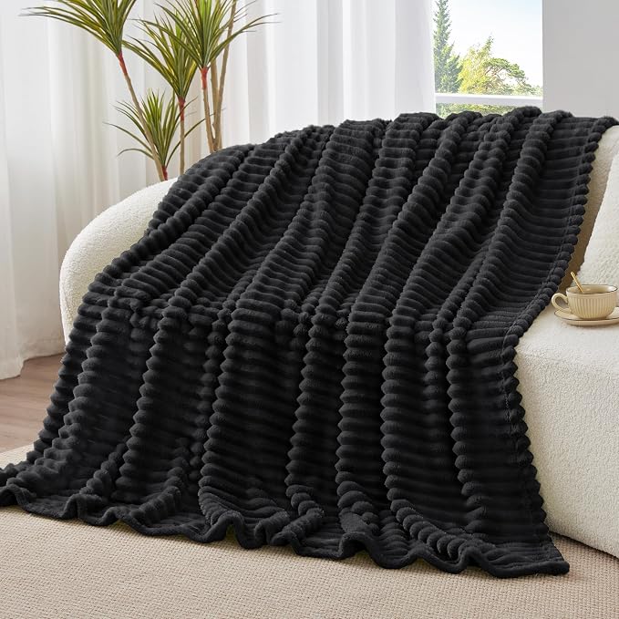 BEDELITE Twin Blanket for Couch & Bed, 300GSM Soft & Warm Fleece Blanket, Decorative and Giftable Striped Black Blankets for Women, Men, 60"x80"