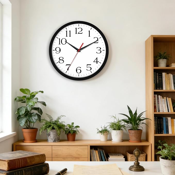 DAXSMY 12 Inch Wall Clock - Battery Operated, Silent Non-Ticking Analog Sweep Movement - Easy to Read Numbers for Home, Office, Kitchen, Classroom (Black)