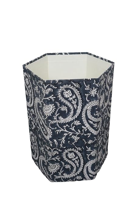 Generic 3.3 Gallon Cotton Hand Block Printed Paper Waste Basket |Small Decorative Trash Can for Housewarming Gifts in Living Room, Bedroom, Bathroom | Eco-Friendly, Plastic-Free (1, DARK BLUE MUKAT)