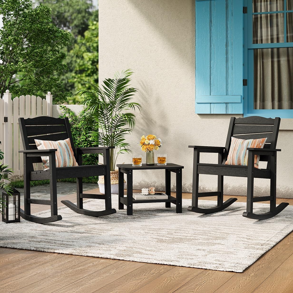 Patio Rocking Chairs Set of 2, Weatherproof HIPS Outdoor Rocking Chair for Adults, 400LBS Support Heavy Duty Porch Rocking Chairs for Garden, Lawn, Backyard, Outdoor and Indoor (Black)