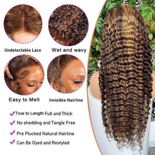 26inch 13x6 Lace Front Wigs Human Hair 4/27 Ombre deep Wave Lace Front Wigs Honey Blonde Curly Human Hair Wig HD Lace Frontal 180 Density