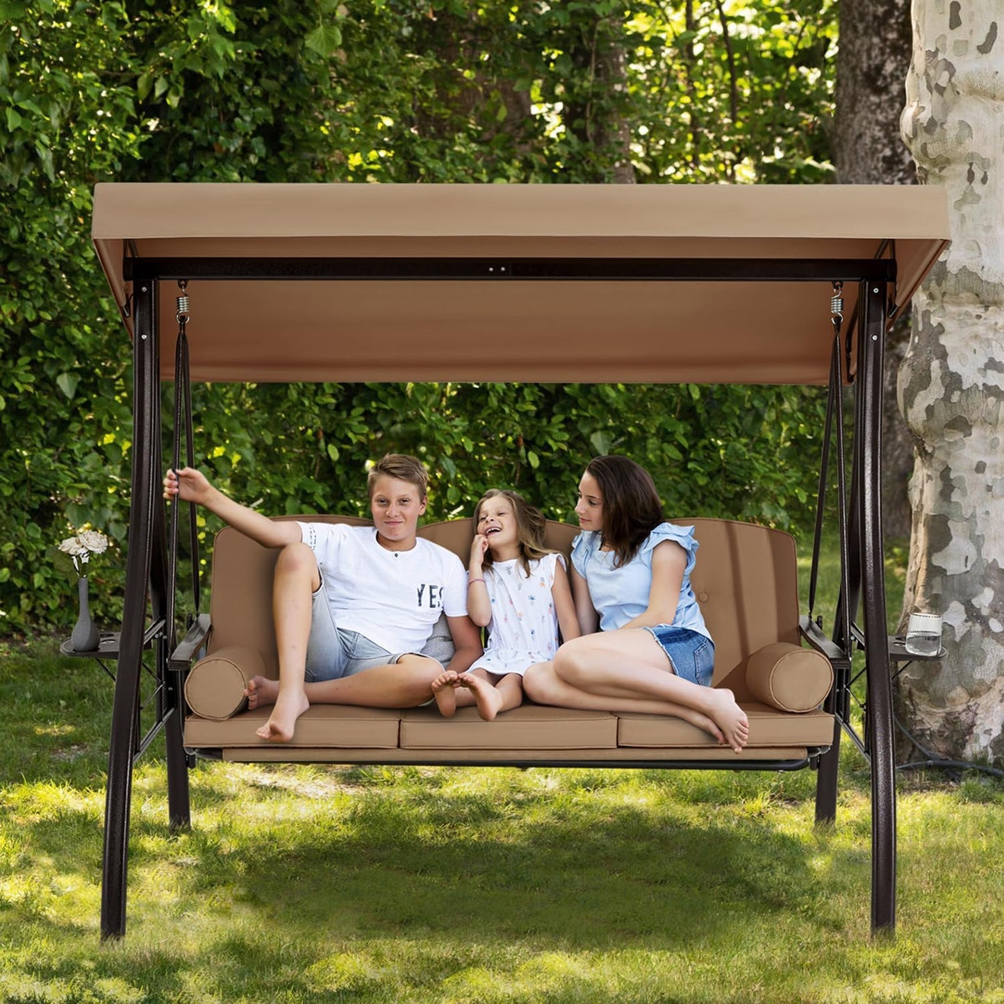 HOMREST 3 Person Outdoor Porch Swing with 1.5" Upgraded Cup Holder, Adjustable Canopy, Backrest, Patio Swing Bed with Weather Resistant Steel Frame, Cushions for Garden,Deck and Poolside(Brown)