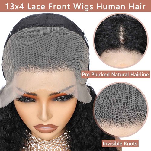 UREMY Bouncy Curly Wigs Human Hair, 13x4 Lace Front Burmese Curly Bob Wig for Black Women, Water Wave Pre Plucked Transparent Lace, Natural Black, 14 Inch, 180% Density