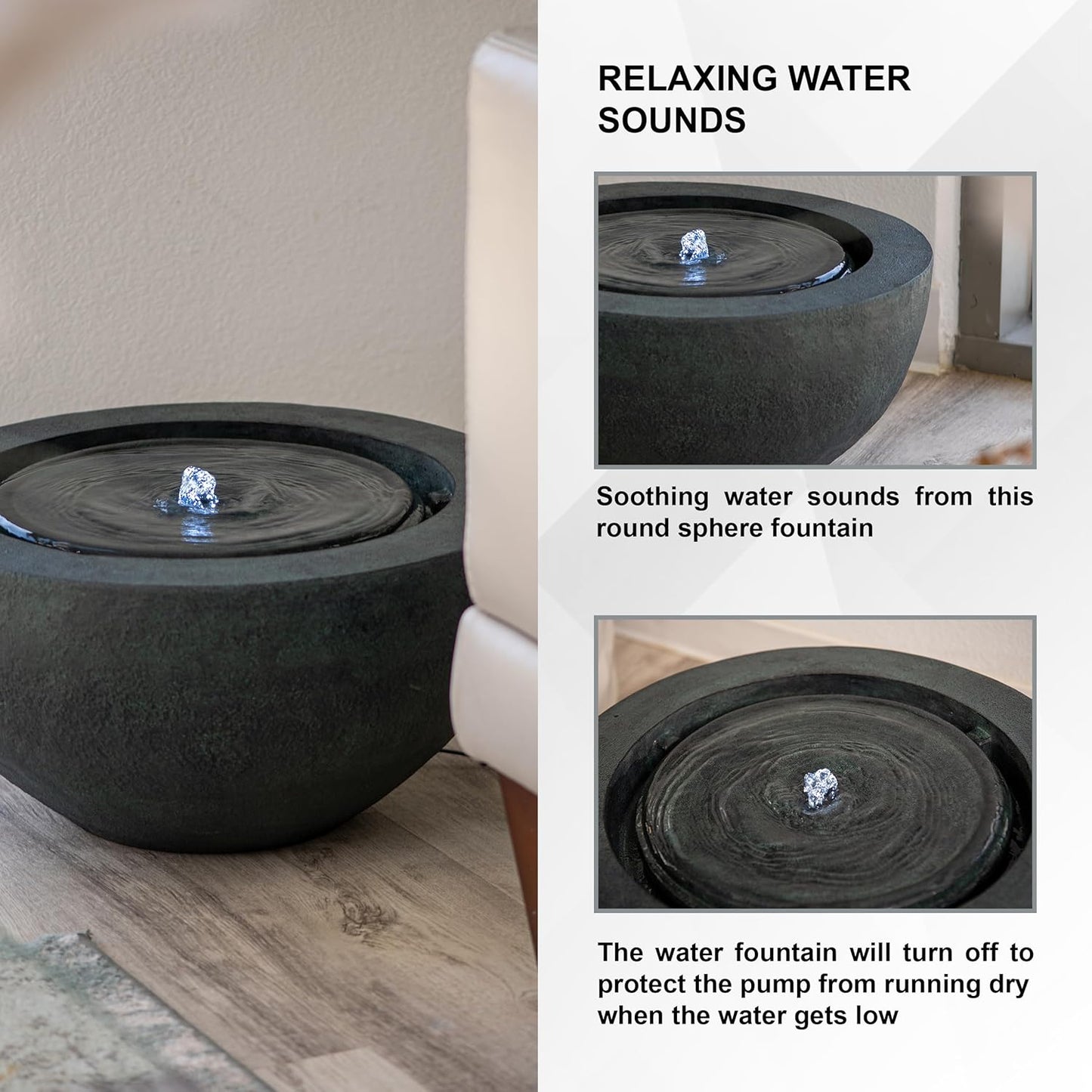Xbrand 19.8" W Round Polyresin Indoor/Outdoor Sphere Water Bowl w/LED Light, Patio Water Fountain Decor, Dark Green, AMS3542-2