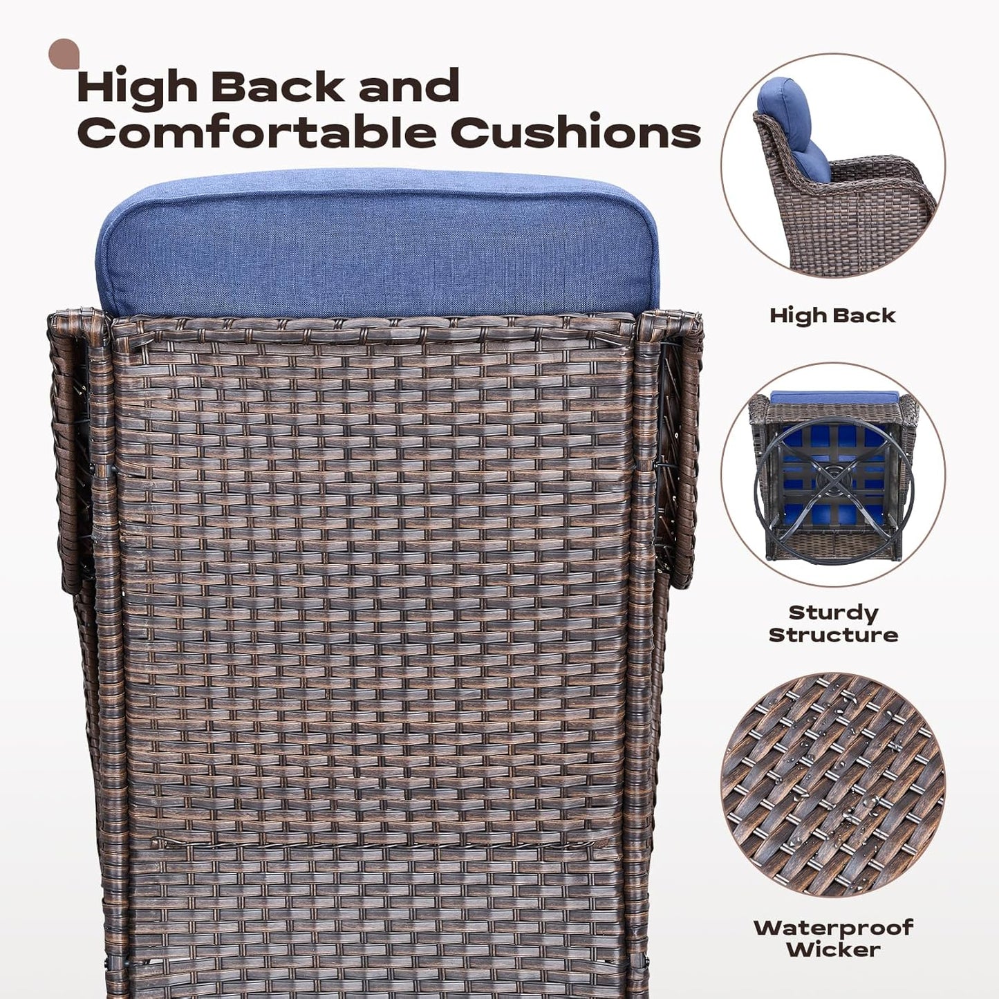 Wicker Outdoor Patio Furniture Set - 8 Piece Patio Conversation Sets with Swivel Rocker Chairs, Ottomans, Sofa and Coffee Table, 6 inch Cushions, Deep Seating, for Porch Deck Brown/Blue