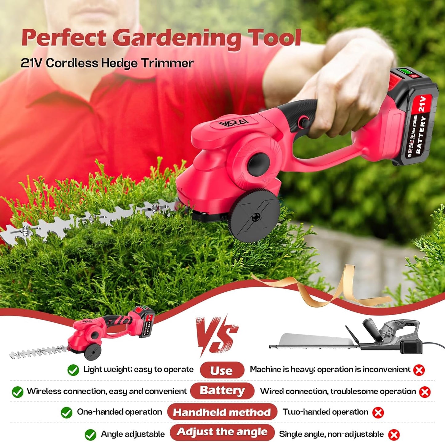 Cordless Hedge Trimmer, 2-in-1 Hedge Trimmer, Ultra Long Battery Life with Battery*2, high-Power and high-Capacity Grass Trimmer for Gardens, Yards and lawns, Including Charger