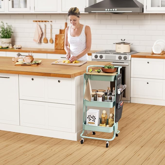 DTK 3 Tier Metal Utility Rolling Cart with Table Top and Side Bags, Metal Tray Storage Organizer Cart with Wheels, Art Craft Cart with 4 Hooks for Kitchen Bathroom Office Living Room (Green)