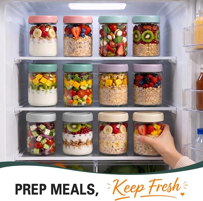 Mason Jars, 16oz Overnight Oats Containers with Lids, 6 Pack Wide Mouth Glass Mason Jars with Airtight Lids, Sugar Bowls, Overnight Oats Jars for Yogurt, Meal Prep, Chia Pudding