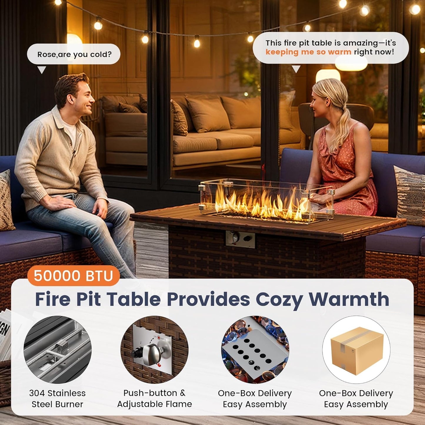 UDPATIO Patio Furniture Set with Fire Pit Table, 8 Inch Armrest Outdoor Sectional Sofa, 9 Piece Wicker Outdoor Furniture Conversation Sets with Waterproof Cover for Backyard Deck(Brown/Navy Blue)