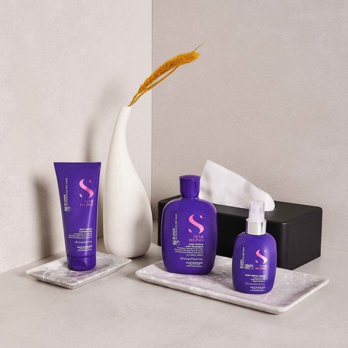 Alfaparf Milano Semi di Lino Anti-Yellow Gift Set for Blonde, Platinum and Silver Hair - Sulfate Free Shampoo, Conditioner and Spray - Removes Yellow and Brassy Tones - Corrects Brassiness