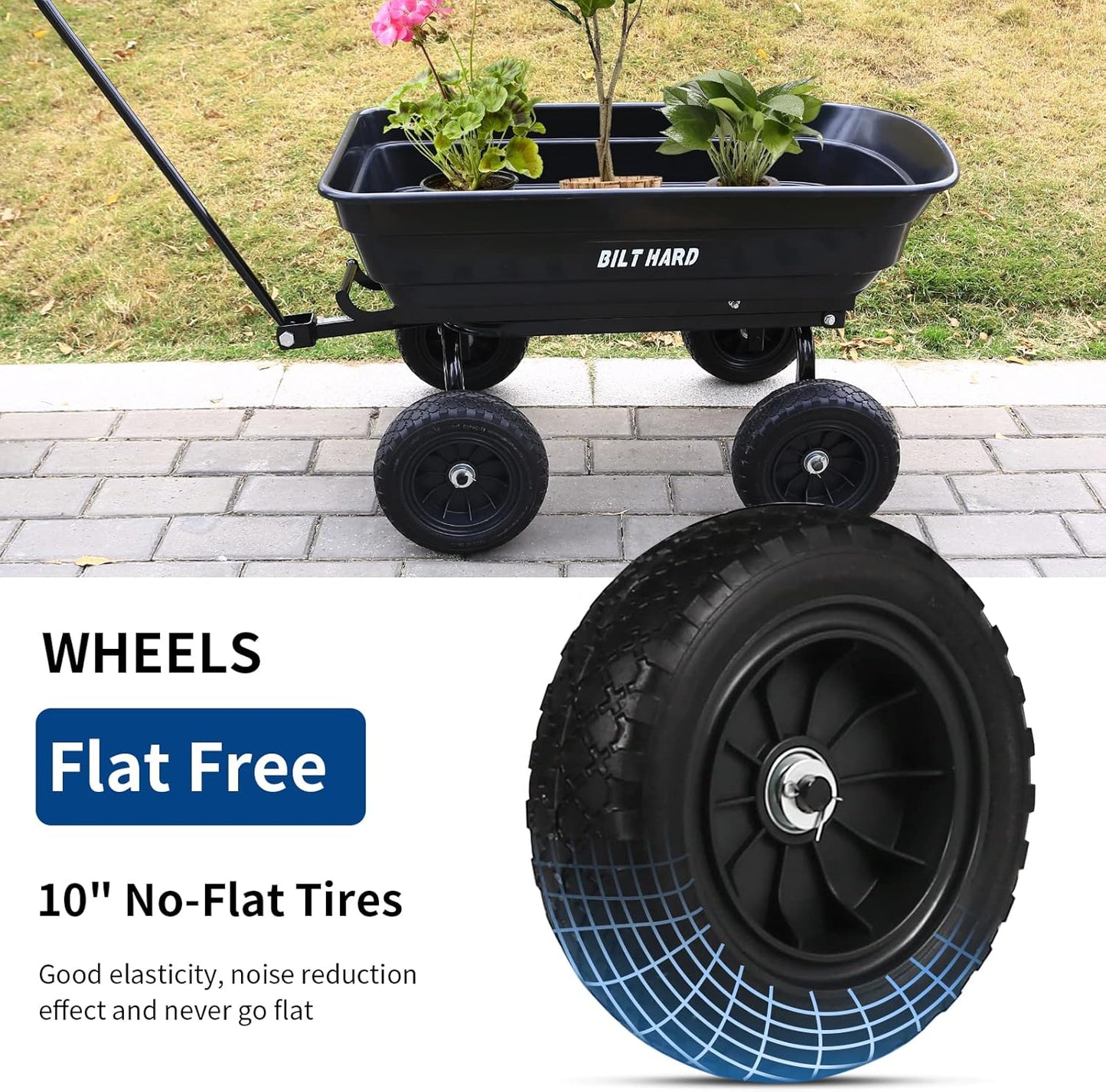 BILT HARD 4 Cu.Ft. 10" No-Flat Tires Poly Yard Dump Cart with 180° Rotating Handle, 600 lbs Capacity Heavy Duty Garden Carts and Wagons