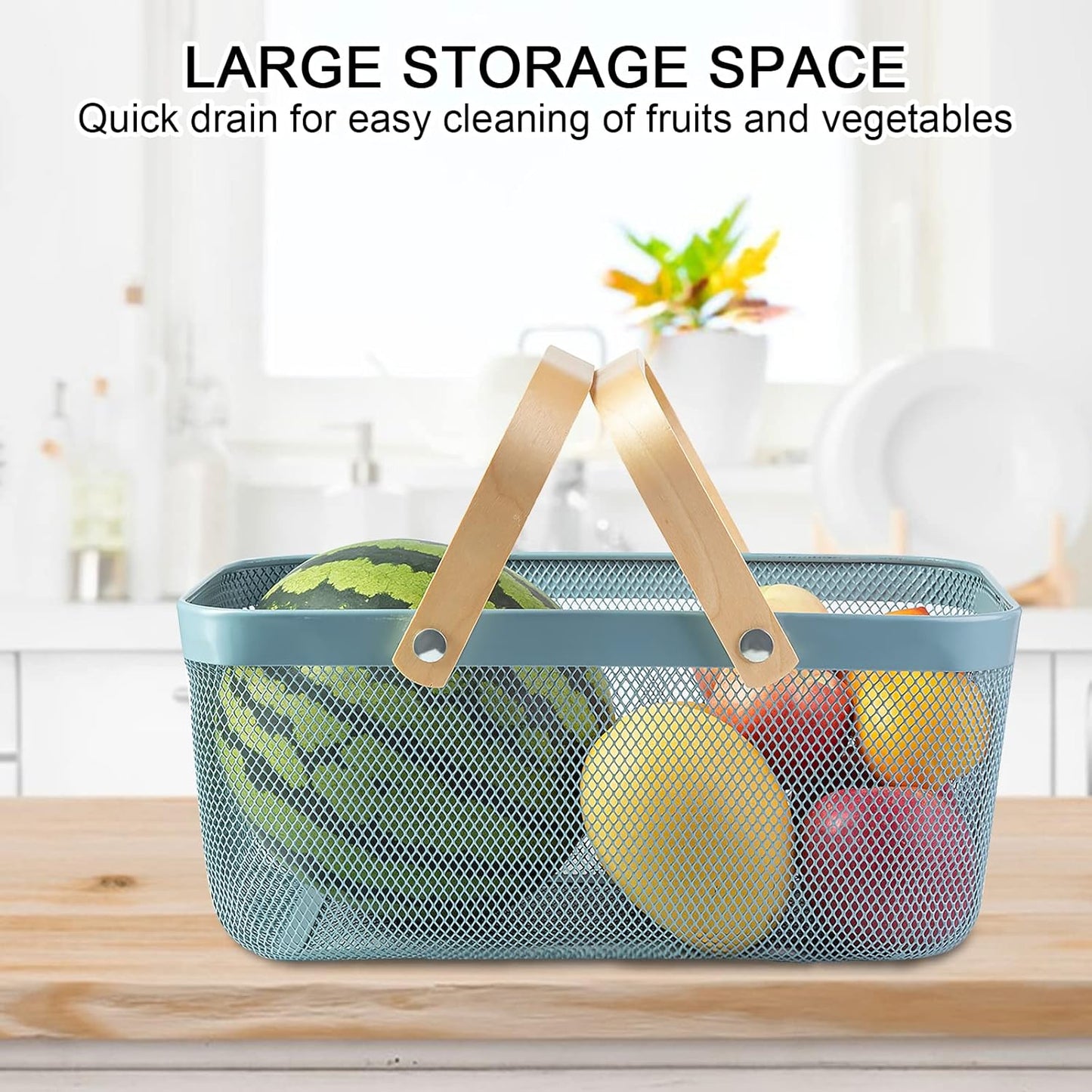 Portable Garden Harvest Basket-Mesh Design Natural Bamboo Handle Wire Storage Baskets,Mesh Basket with Handle Organize Items Reduce Space Occupation,Suitable for Kitchen,Garden,Picnic(Blue)