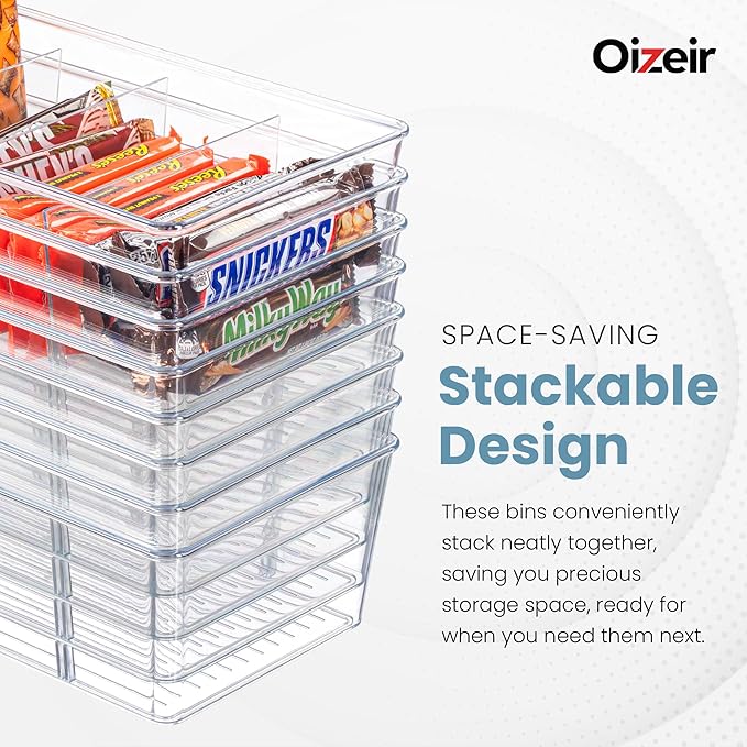 Oizeir Clear Pantry Organizer Bins 16-Pack - Fridge Organizer with 3 Removable Dividers, Ideal for Kitchen, Pantry, Refrigerator, Freezer, and Snack Storage