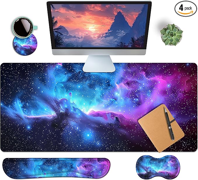 4-Piece Extended Large Mouse Pad Set for Women Men with Galaxy Design Includes 35.4 x 15.7 XXL Large Mouse Pad Keyboard Wrist Rest Mouse Wrist Support and Coaster for Office Home