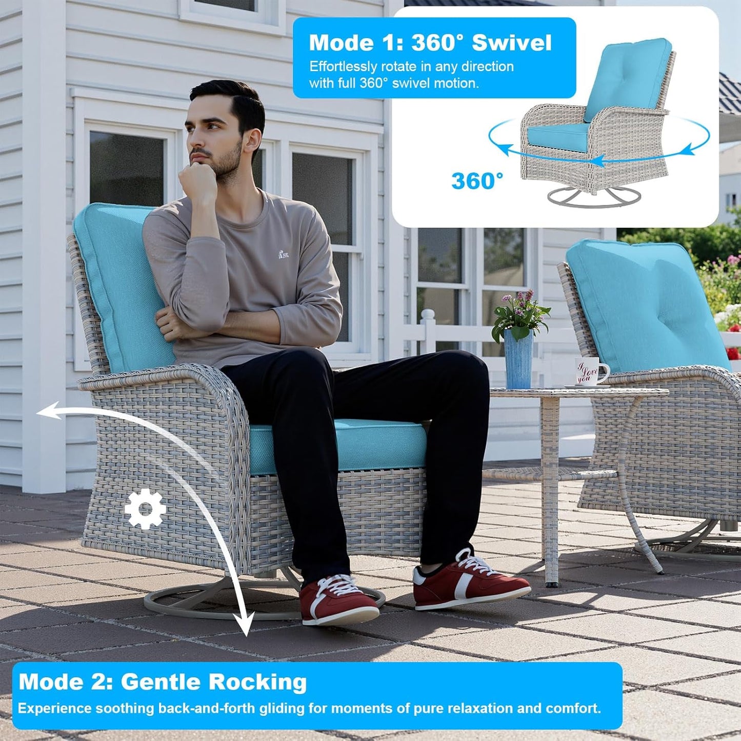 13-Piece Patio Furniture Set, Outdoor Patio Furniture with Swivel Chairs Set, Ottomans, 55,000 BTU Fire Pit Table, Modular Patio Sofa, Dual-Strand Wicker Rattan, Rust-Resistant Frame, Lake Blue