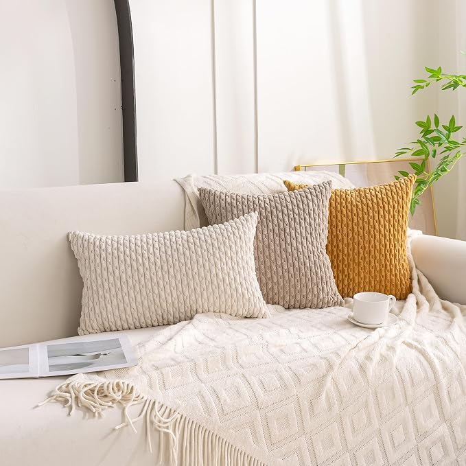Set of 4 Beige Brown Coffee Decorative Throw Pillow Covers 24x24 Inch Corduroy Pillow Covers for Bed Couch Sofa Living Room Soft Square Cushion Cases
