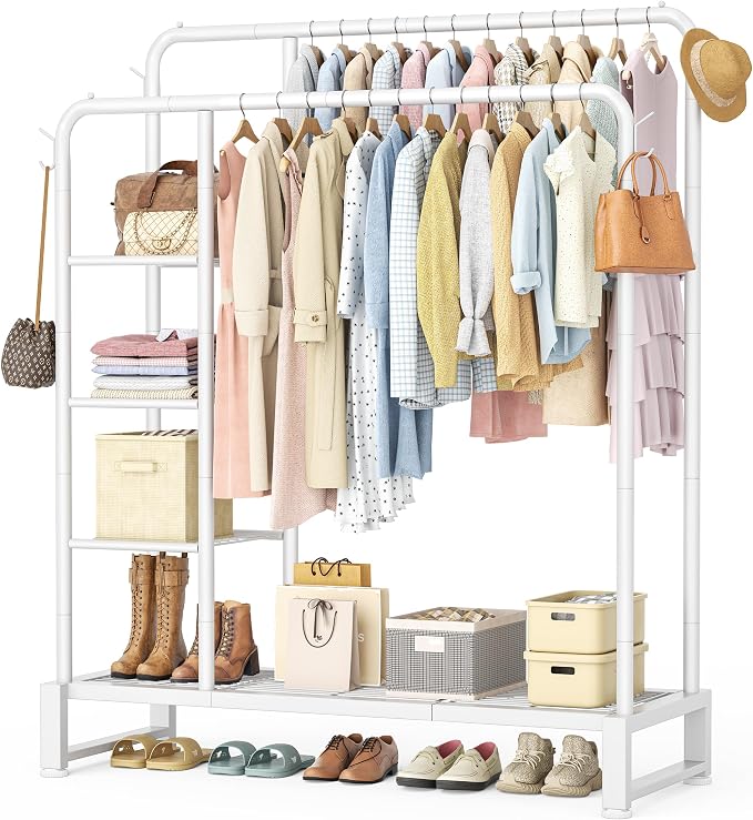 Double Rods Clothes Rack Clothing Rack with 4 Tier Storage Shelves Clothes Rack for Hanging Clothes Multifunctional Heavy Duty Clothes Organizer with Hooks for Bedroom,Wardrobe Closet,Shop,White