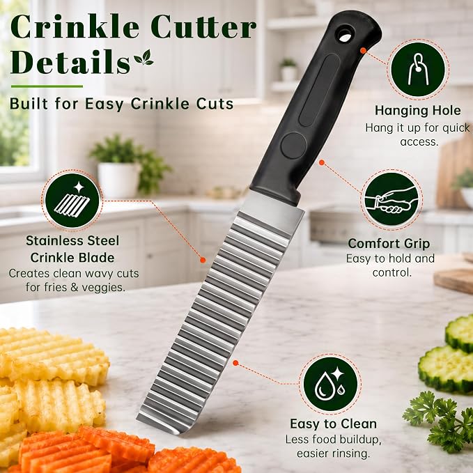 Onion Holder for Slicing & Crinkle Cutter Knife, 2 Piece Kitchen Prep Tool Set, Stainless Steel Onion Slicer Prongs, Wavy Knife, Potato Cutter for Fries, Tomato, Cucumber, Carrot