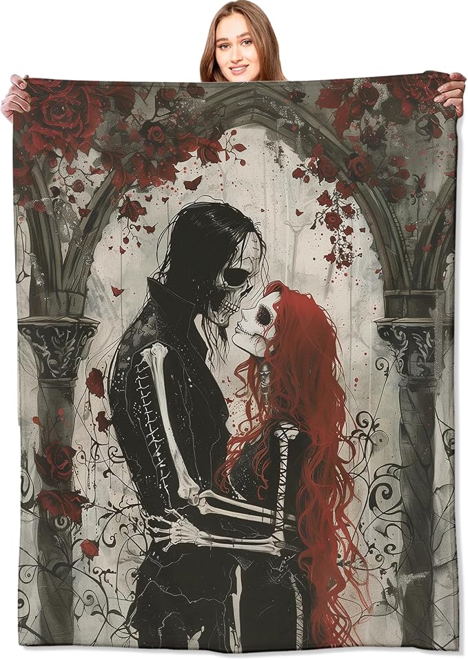 Gothic Romance Skull Lovers Blanket,Red Rose Skeleton Throw Blankets,Gifts for Women Men, Lightweight Soft Fleece Cozy,for Sofa Couch Bed Room Travel,Festival Halloween Goth Decor,50x60in