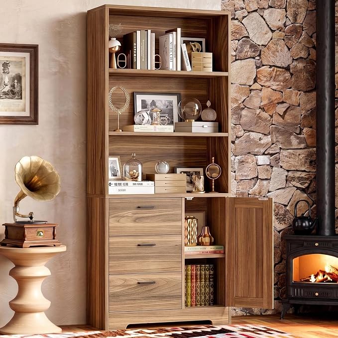 IRONCK Bookshelf with Doors and 3 Drawers 71 in Tall Bookshelf with Storage, Industrial Book Shelf with 3-Tier Shelves for Living Room Entrance Hallway Home Office