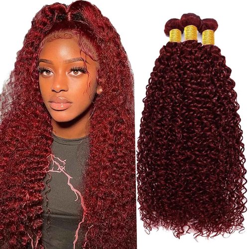 Fabimiya Human Hair Bundles Burgundy 99J Jerry Curly 22 24 26 Inch Bundles Human Hair 100% Unprocessed Burgundy Soft Sewn In Hair with Double Weft for Black Women