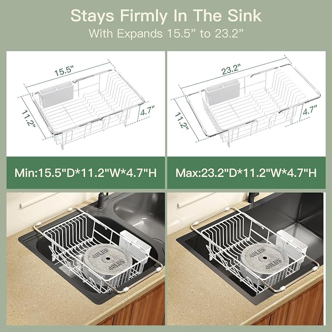 MAJALiS White Dish Drying Rack Over The Sink with Utensil Holder, Mat | Expandable Stainless Steel Dish Drainer for Small Kitchen, Apartment, RV, Counter Space Saving, Perfect Fit, Rustproof