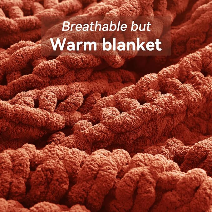 Negwoo Chunky Knit Throw Blanket, 60''*80'' Fall Throw Blanket Knitted Chenille Yarn for Bed Couch, Handmade Orange Crochet Big Thick Blanket, Machine Washable Cute Comfy Blankets for Home Decor