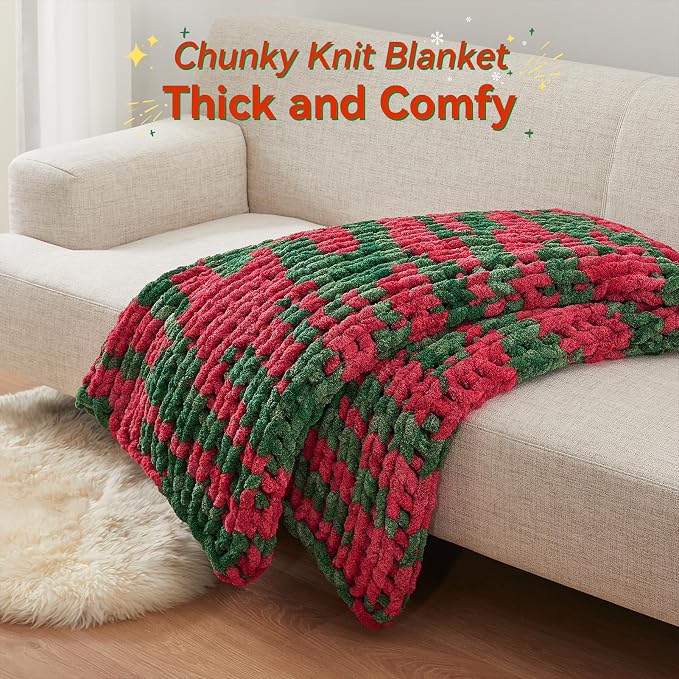 Negwoo Chunky Knit Throw Blanket, 50''*60'' Knitted Throw Chenille Yarn for Bed Couch, Handmade Stripe Crochet Big Thick Blanket, Machine Washable Cute Comfy Blanket for Home Decor