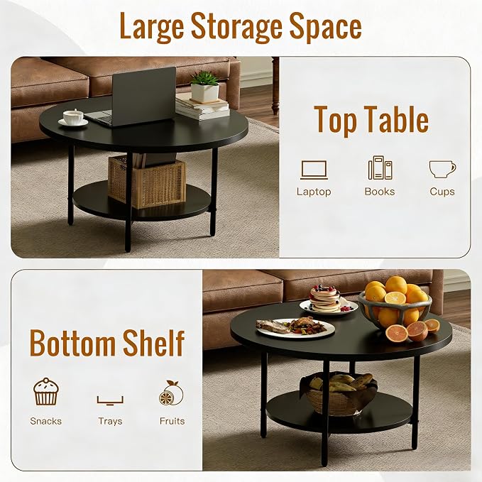 FAMIDGE Coffee Table, 27.6“ Circle Coffee Tables for Living Room, 2 Tier Round Coffee Table with Storage, Wood Accent Center Floor Table for Bedroom, Industrial Home Office, Black (27.6" D x 17.7" H)