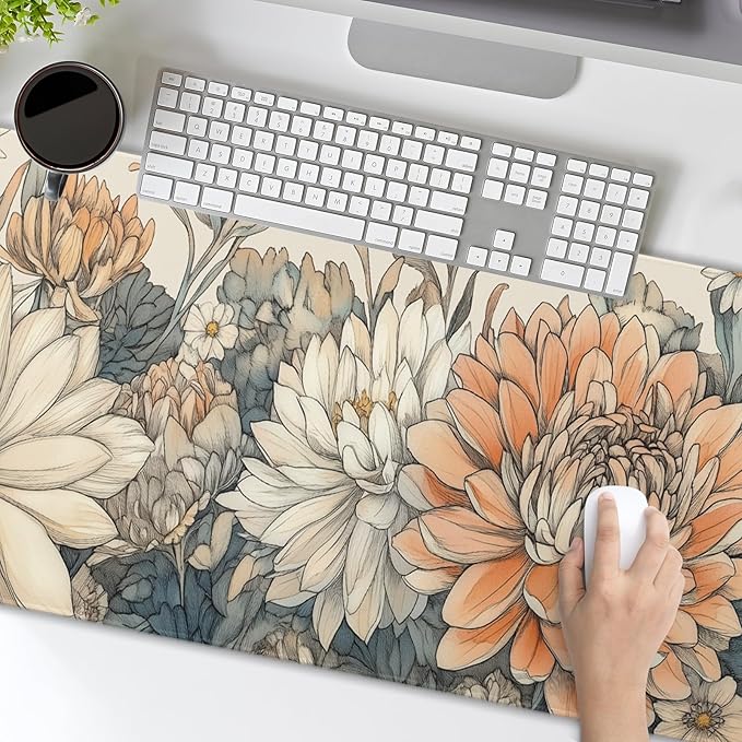 Japanese Minimalist Floral Desk Mat Watercolor Flowers XL Large Extended Gaming Mouse Pad 31.5x11.8 Inch Floral Laptop Computer Keyboard Mouse Mat Non-Silp with Stitched Edges for Home Office Work