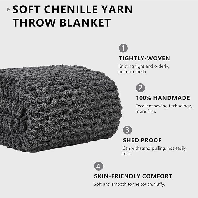 L'AGRATY Chunky Knit Blanket Throw: 80''x90'' Chenille Chunky Knitted Throw Blankets for Bed Couch - Handmade Thick Big Cable Knit Blanket - Large Crochet Blankets for Home Decor(Dark Grey)