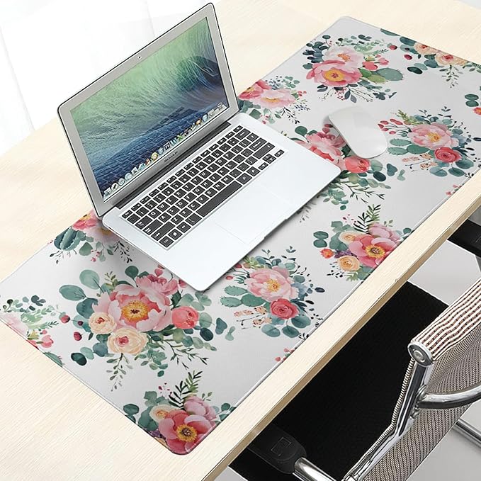 Pink Floral Mouse Pad Large Watercolor Pink Floral Mouse Pad Extended Non-Slip Mousepad with Stitched Edges 35.4x15.7 Inch Non-Slip Rubber Base Desktop Protectors Mats for Home Office Accessories