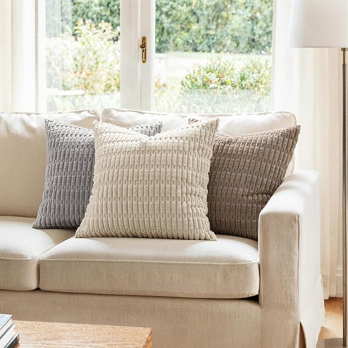 MIULEE Pack of 2 Corduroy Decorative Throw Pillow Covers 16x16 Inch Soft Boho Striped Pillow Covers Modern Farmhouse Home Decor for Sofa Living Room Couch Bed Light Grey