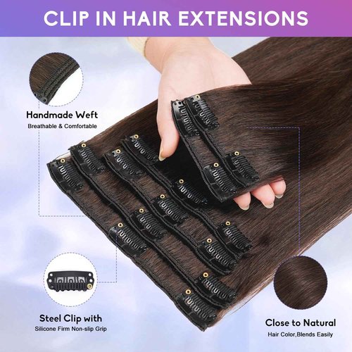ZNXDJXE Dark Brown Clip in Hair Extensions Real Human Hair Invisible Seamless Remy Human Hair Clip in Extensions for Women 24 Inch 120g, 8pcs Per Set with Double Weft