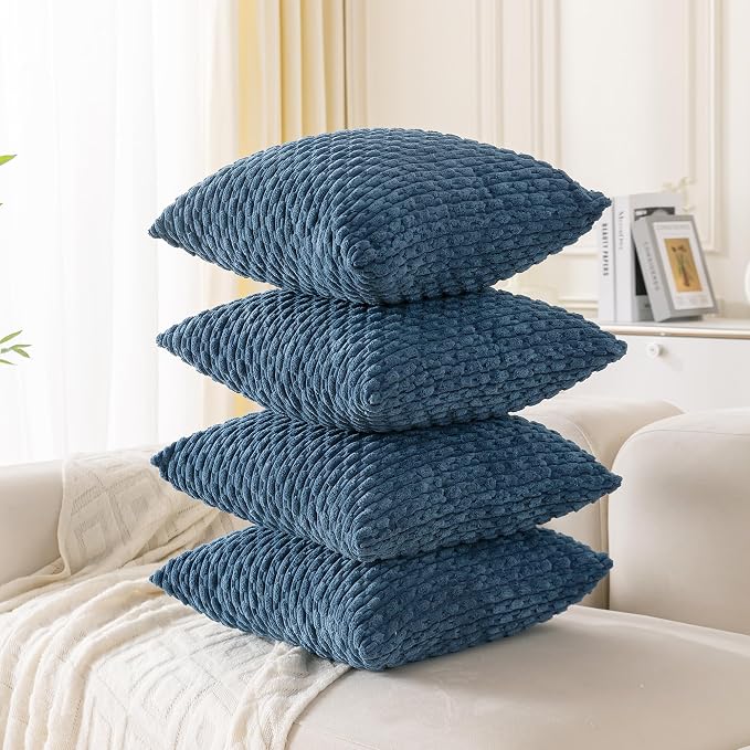 Set of 4 Blue Decorative Throw Pillow Covers 22x22 Inch Corduroy Pillow Covers for Bed Couch Sofa Living Room Soft Square Cushion Cases