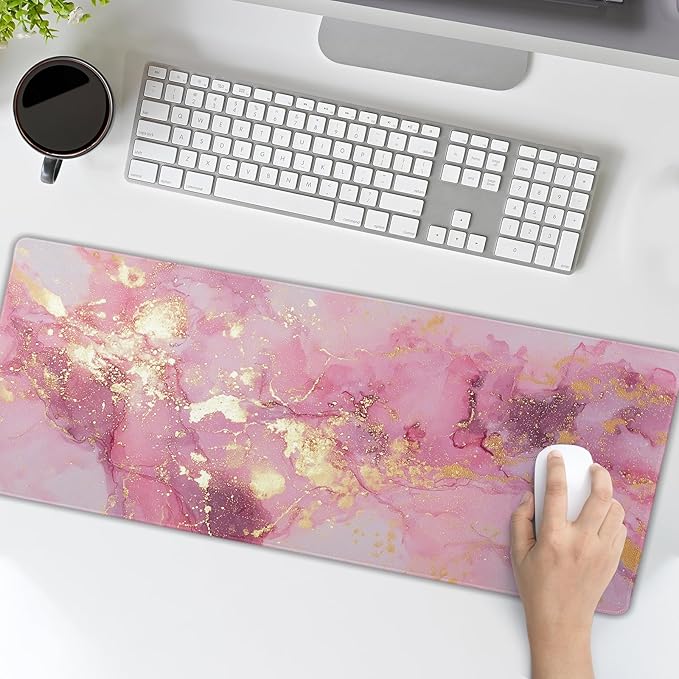 Gold Pink Marble Mouse Pad Extended Large 31.5x11.8in Coquette Kawaii Desk Mat Preppy Trendy Computer Mousepad XL Non-Slip Rubber Base Stitched Edge Rose Gold Mousepad PC Desk Pad for Work Desktop