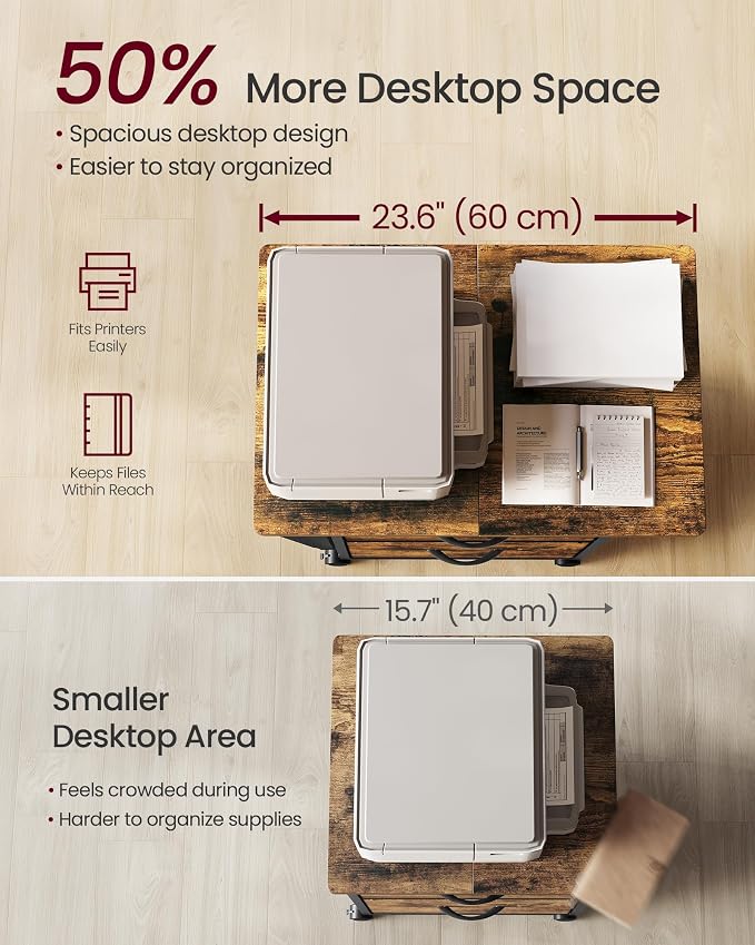 VASAGLE 2-Drawer File Cabinet, Mobile Printer Stand with Storage, Filing Cabinet for A4 Letter Size, Side Pockets, 23.6 x 15.7 x 26.8 Inch, Rustic Brown, Bellah Collection UOFC202KD01