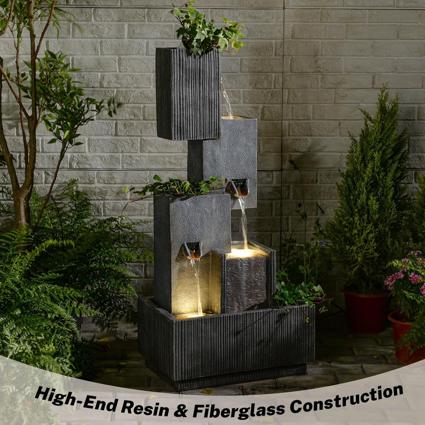 Outdoor Waterfall Fountain with LED Lights – 41.3" Tiered Resin Garden Fountain for Patio, Yard, or Backyard – Weather-Resistant Design Modern Decor