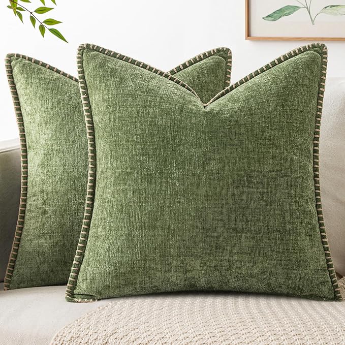 MIULEE Pack of 2 Euro Sham Pillow Covers 24x24 Inch Sage Green Farmhouse Decorative Throw Pillow Covers with Stitched Edge Soft Chenille Solid Dyed Summer Pillow Covers for Bed Sofa Couch Living Room