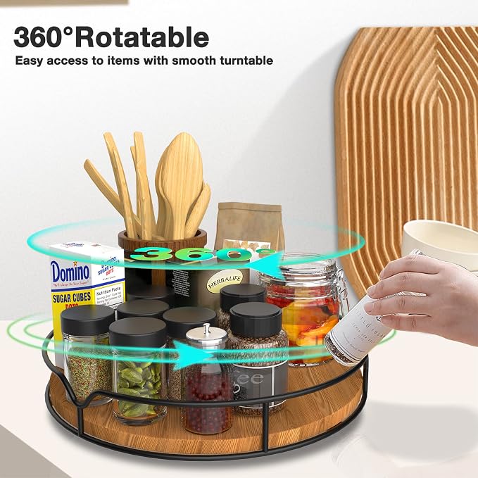 Lazy Susan Turntable Organizer with Anti-Slip Mat for Cabinet Pantry Kitchen Countertop Refrigerator Office, Pine Wood, 10", Carbonized Black
